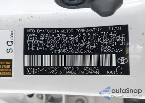 2022 Toyota Corolla Le z USA, uszkodzony, nr VIN JTDEPMAE9N3003780